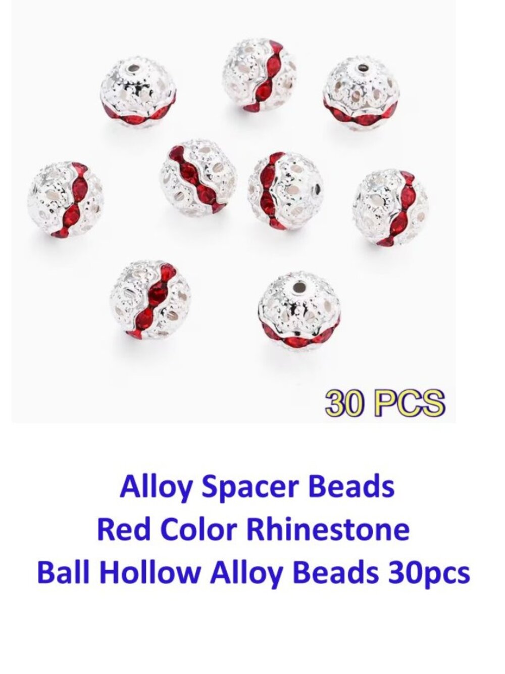 Alloy Spacer Beads, Red Color Rhinestone Ball Hollow Alloy Beads 6mm  30pcs